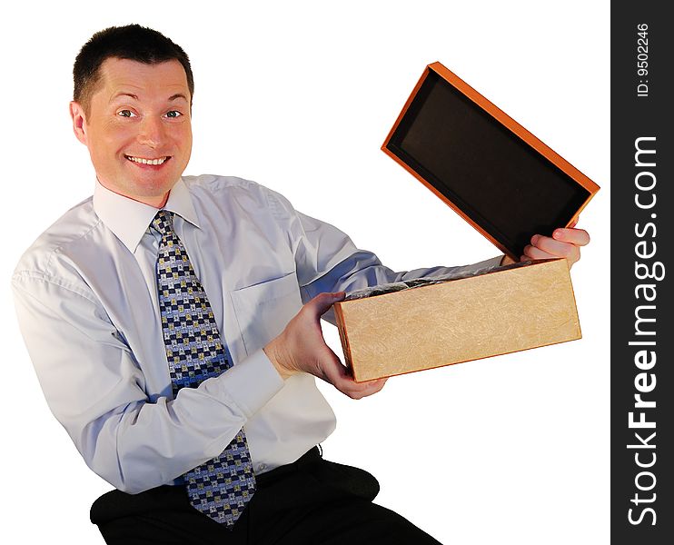 Man stretches out a hand for a simple box
