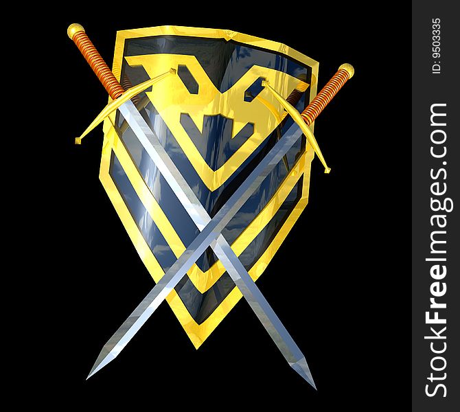 Metal shield and two swords crossed on black background, 3D computer generated illustration. Metal shield and two swords crossed on black background, 3D computer generated illustration