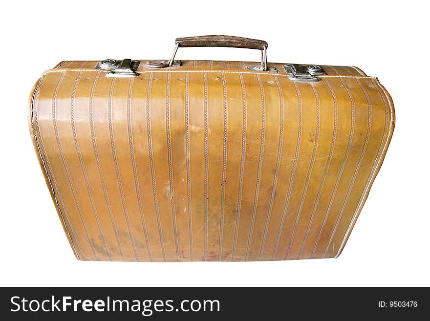Suitcase under the white background. Focus on a top part of a suitcase
