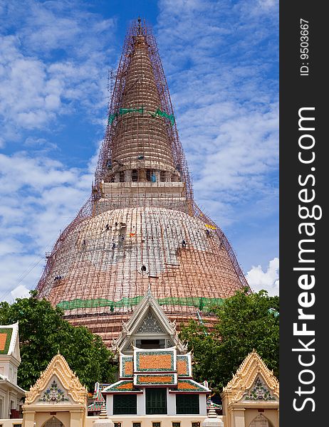 The repairing of old and famous pagoda in Nakorn Pathom province, Thailand. The repairing of old and famous pagoda in Nakorn Pathom province, Thailand