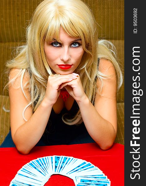Portrait Mistic Blonde Girl With Cards