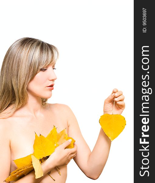 Portrait young woman with fall leafs isolated on white