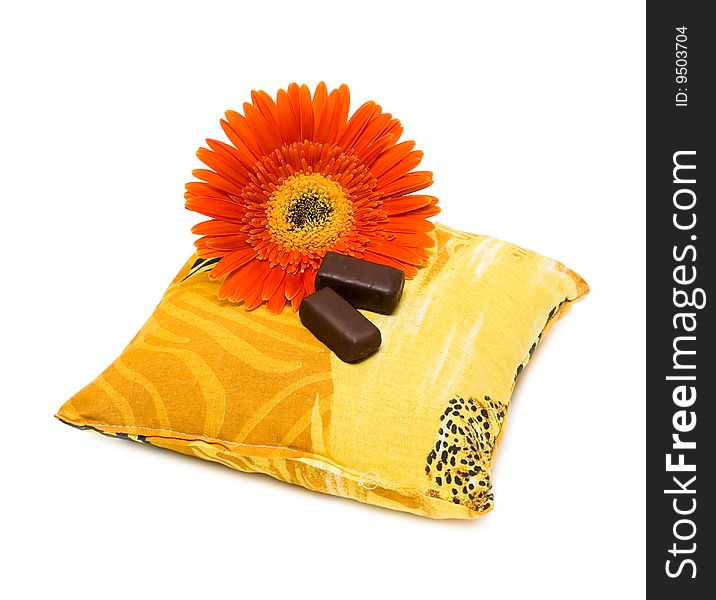 Candy and flower on pillow isolated on white