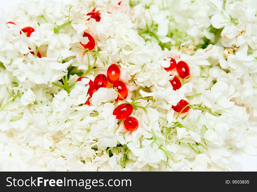 Homeopathic pills and flowers background