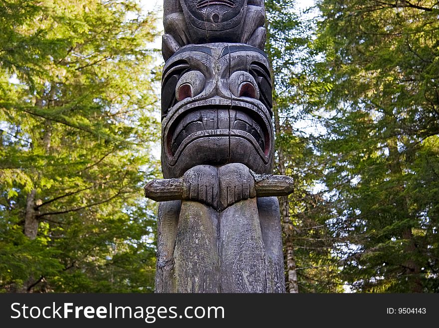 Close-up of Native American Wooden Totem Pole Carving