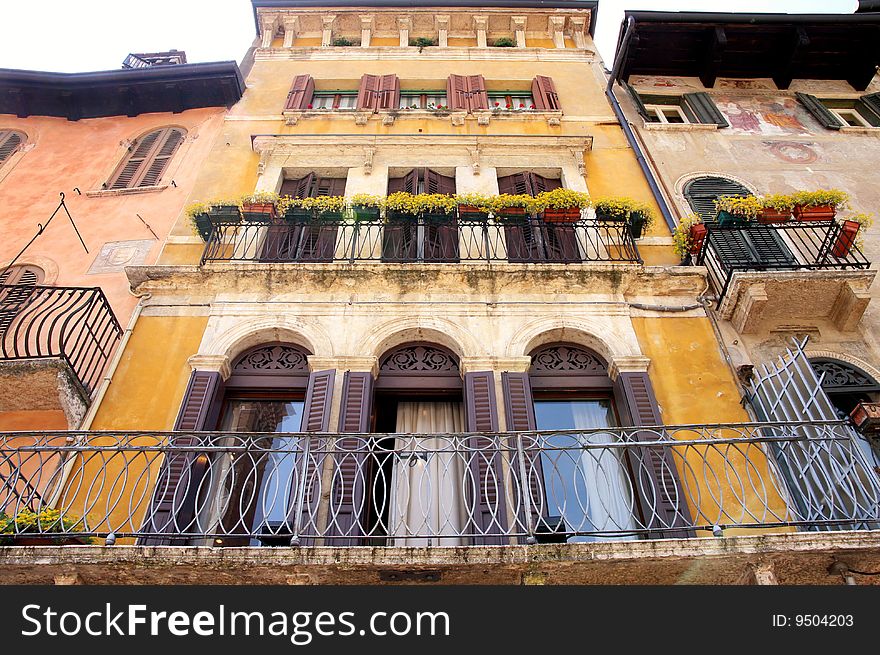 Details facade in Piazza delle Erbe in Verona, Italy