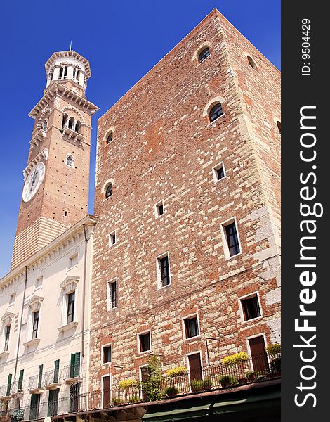 Details Tower Lamberti in city Verona, Italy