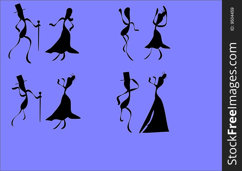 Dancers in silhouette in formal attire. Dancers in silhouette in formal attire