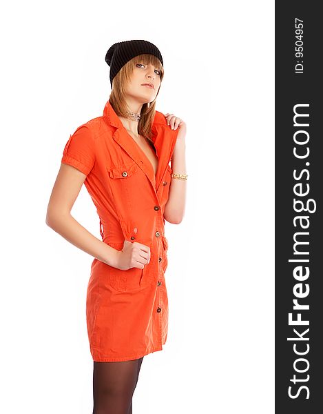 Glamor girl in a orange dress isolated