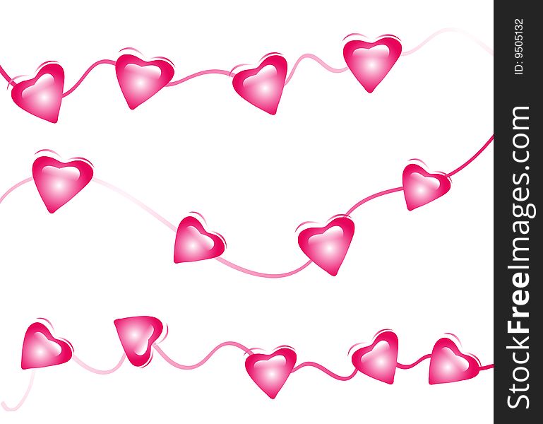 Hearts hanging  on floral wave lines. Hearts hanging  on floral wave lines