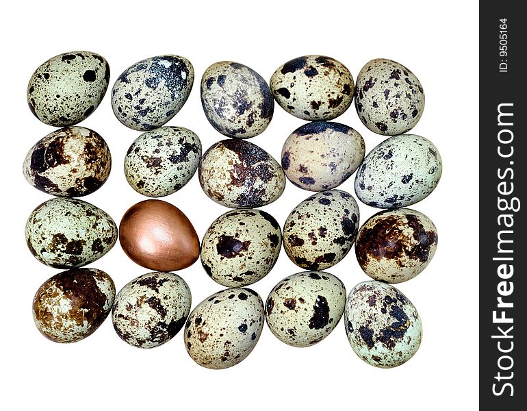 Twenty small quail eggs. Isolated on white. Twenty small quail eggs. Isolated on white