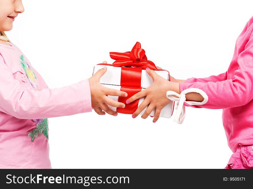 Little girls holding gift boxes