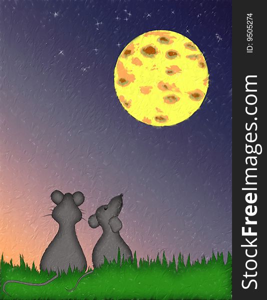 Illustration two  mouse  and  big yellow  moon