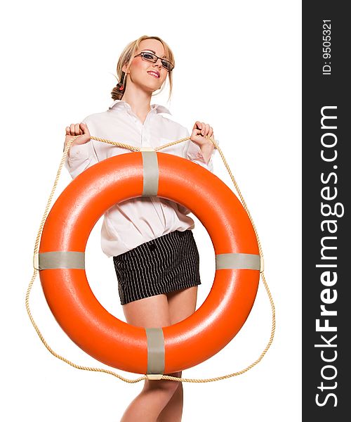 Businesswoman with red life buoy