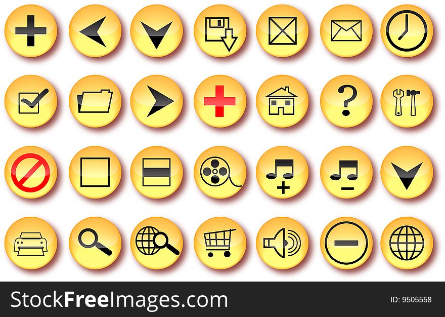 Icons for web site feasible in yellow colour. Icons for web site feasible in yellow colour