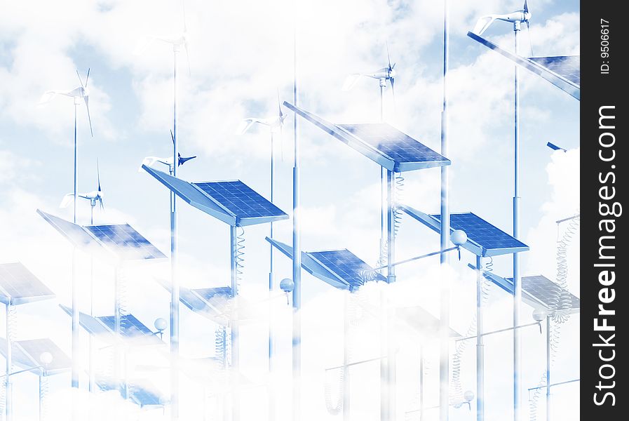 Cloud image overlaid on wind generators and solar panels. Cloud image overlaid on wind generators and solar panels