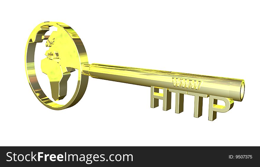 Golden key illustrating an www and http sign with a world symbol. Suitable for internet themed projects and web security concepts. Golden key illustrating an www and http sign with a world symbol. Suitable for internet themed projects and web security concepts.