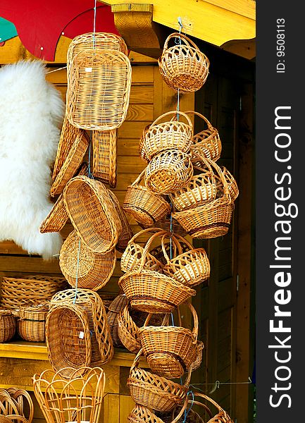 Willow baskets on a market of a small city