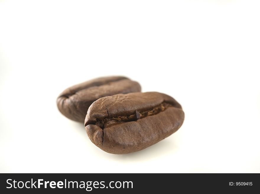 Two coffee beans in white background, close up. Two coffee beans in white background, close up.