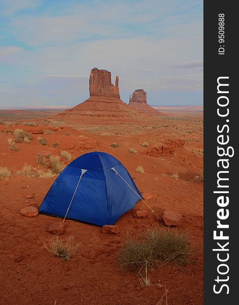 USA, Monument Valley- camping tent in front of mittens. USA, Monument Valley- camping tent in front of mittens