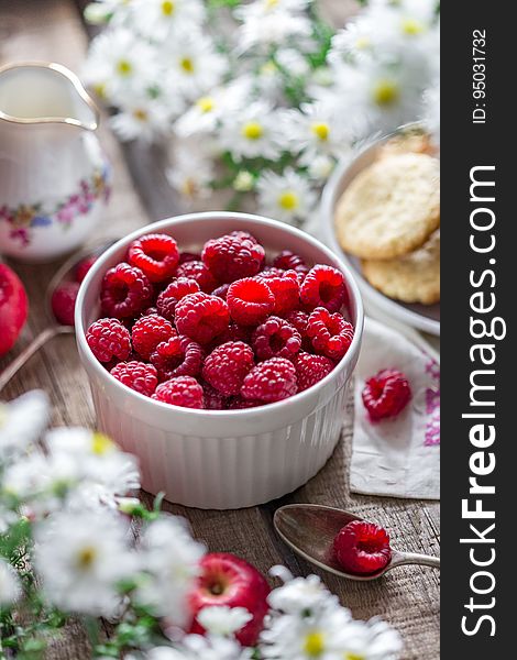 Close-up of Raspberries in Bowl on Table