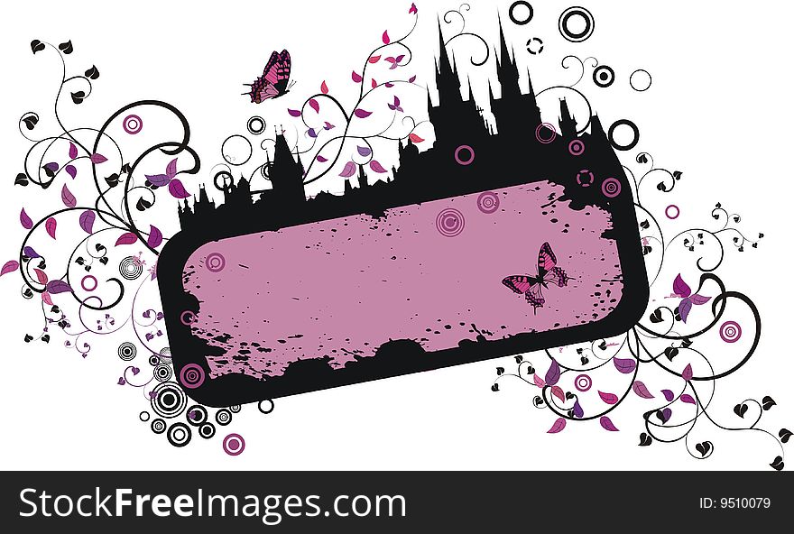 Grunge floral frame with old town silhouette - vector illustration