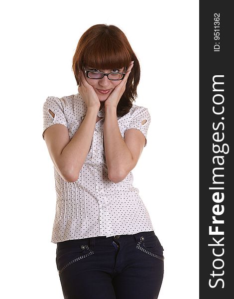 Portrait of the girl in points it is photographed on a white background