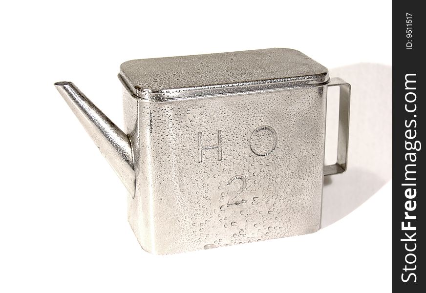 Metal watering can on white background