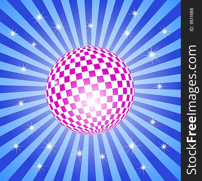 Illustration of pink  discoball on blue stripes with stars. Illustration of pink  discoball on blue stripes with stars