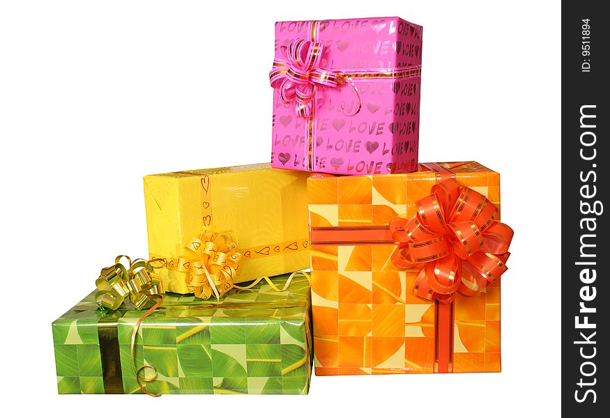 Gift bright boxes it is isolated on a white background. Gift bright boxes it is isolated on a white background
