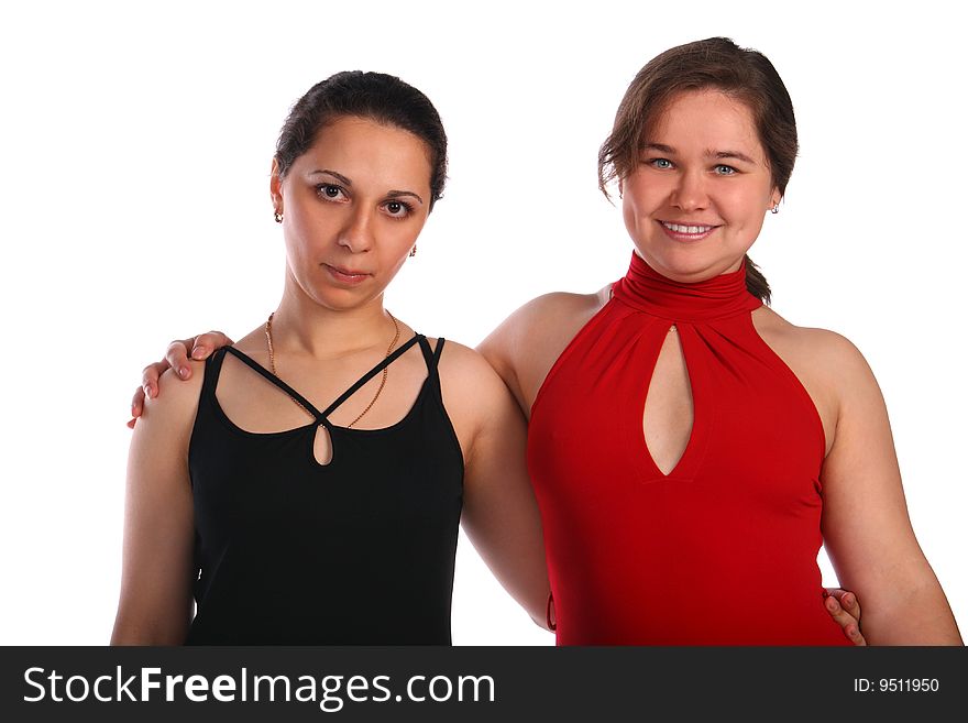 Two girls in dresses posing isolated