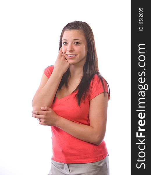 Young woman thinking isolated on white in the studio