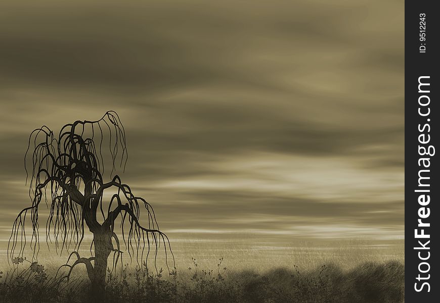 A be single tree standing on a background dark clouds