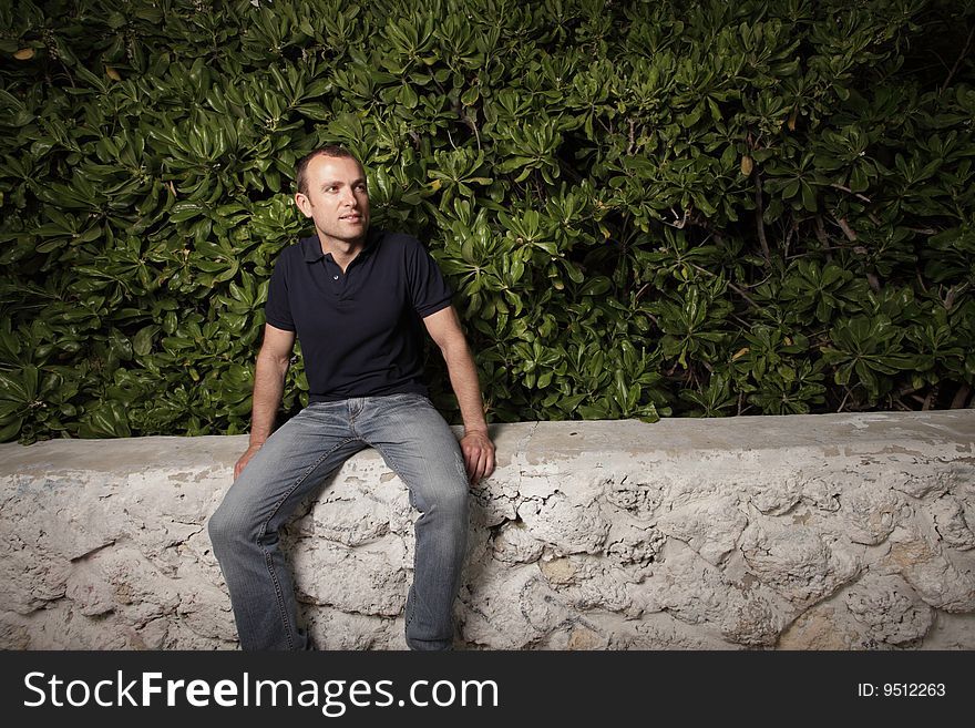 Young man sitting on a ledge by bushes