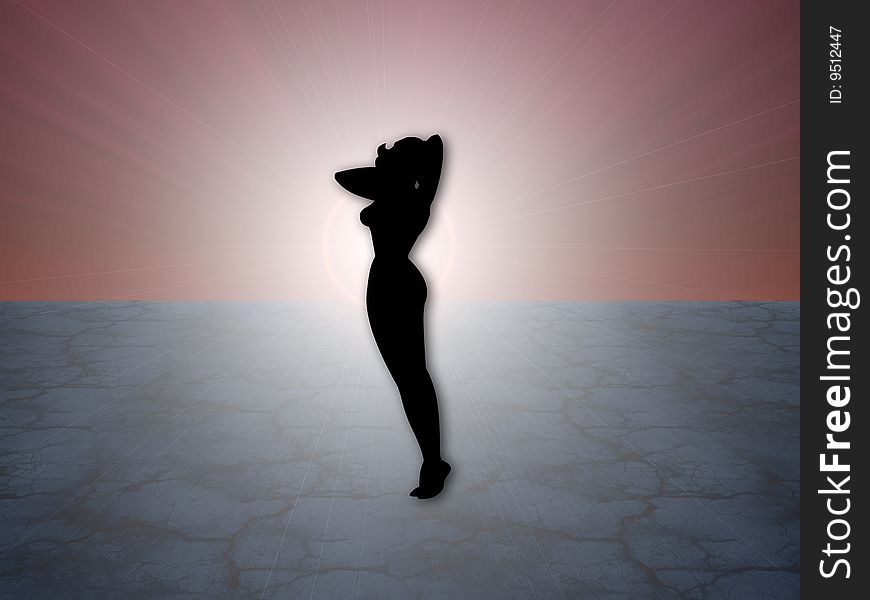 Silhouette of girl on a background red sunset