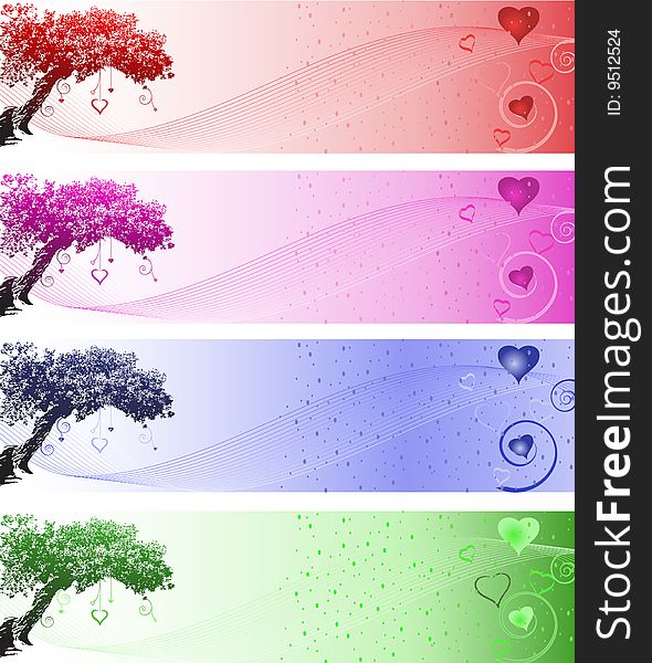 Silhouette of a love heart tree with curls banner set