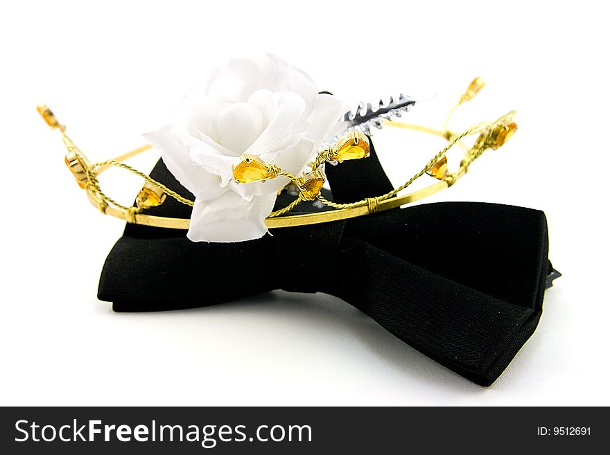 Black Bow Tie with Tiara and White Rose