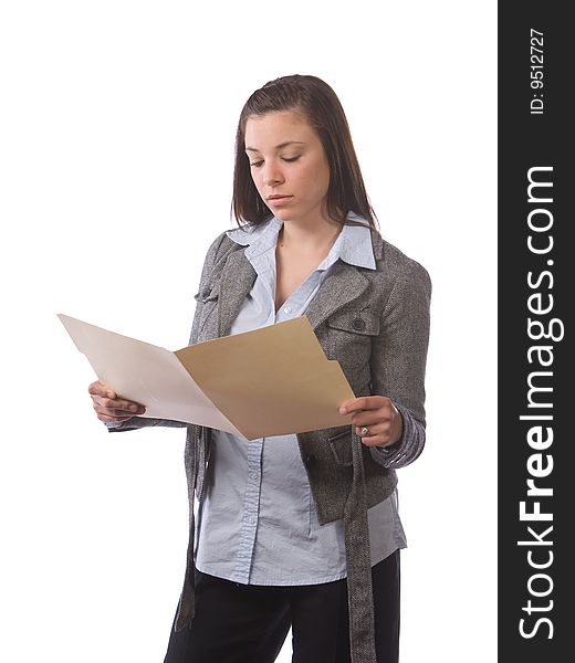 Business woman holding legal documents isolated on white