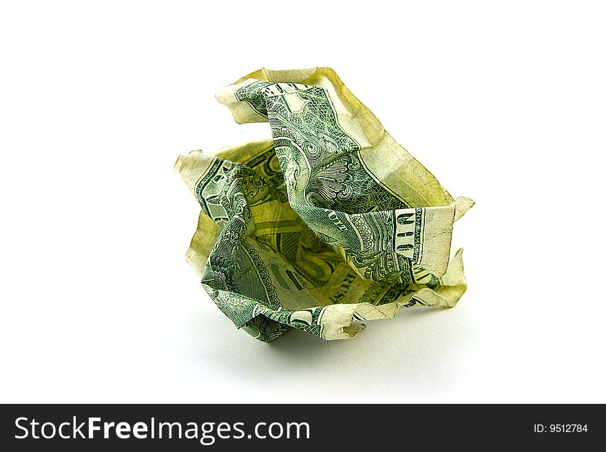 Single crumpled dollar bill on a white background