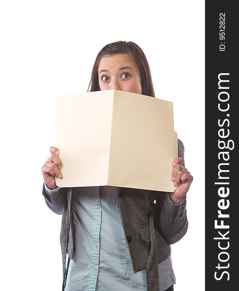 Business woman holding legal documents isolated on white