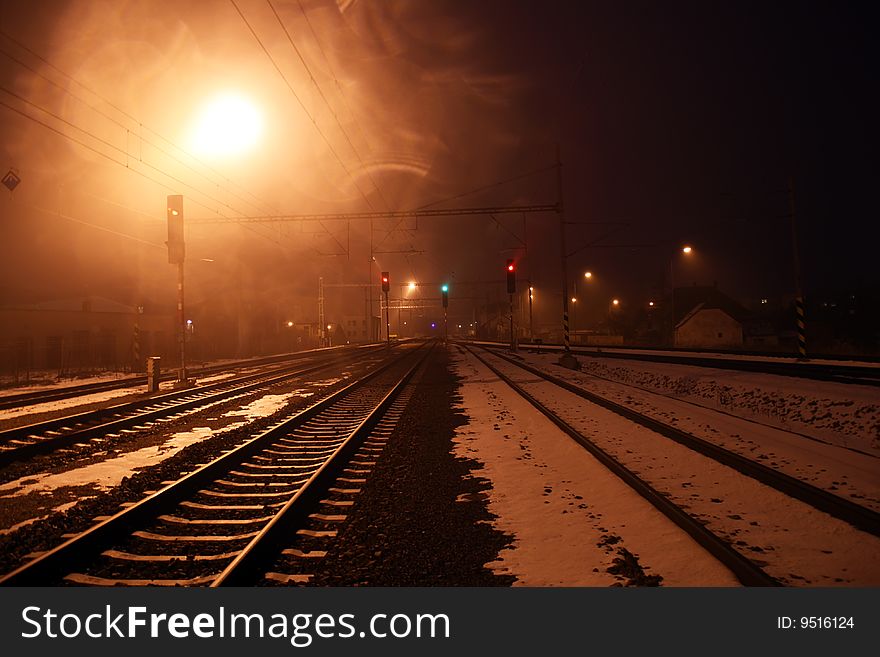 Railway In Winter, Haze And Dark