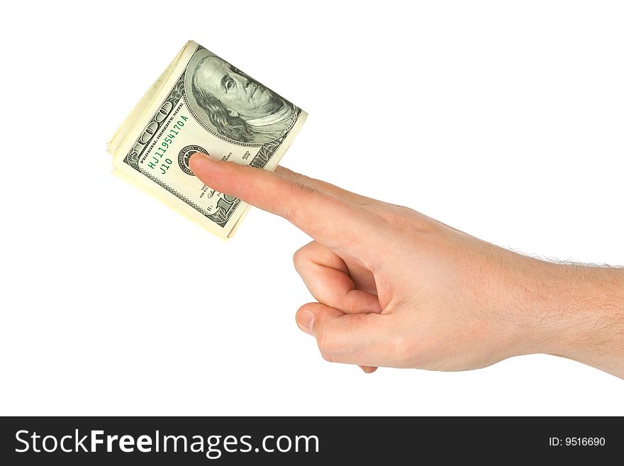 Hand giving money isolated on white background