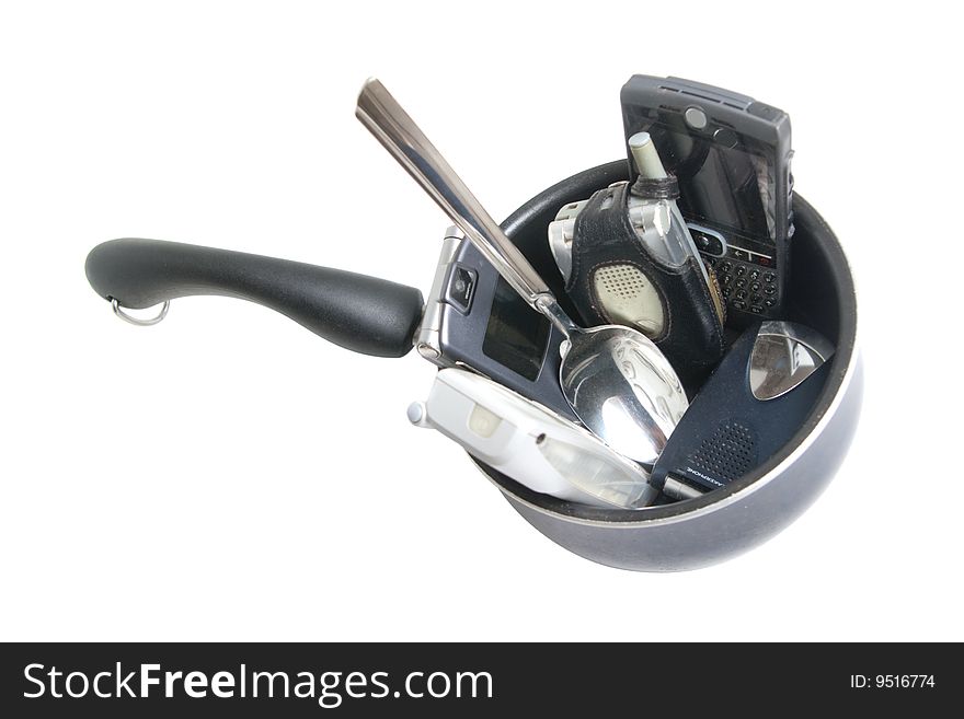 Sauce pan with various cells phone and serving spoon, isolated on white background. Sauce pan with various cells phone and serving spoon, isolated on white background.