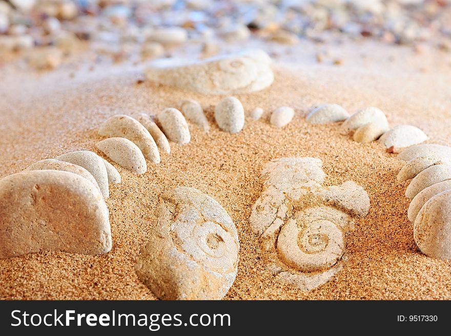 Sea pebbles buried in the coastal sand. Sea pebbles buried in the coastal sand