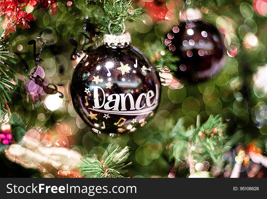 A Christmas tree decorated with baubles. A Christmas tree decorated with baubles.