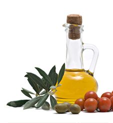 Bottle Of Olive Oi, Tomatoes, And Olive Fruits Stock Photos Bottle Of Olive Oi, Tomatoes, And Olive Fruits Stock Photos