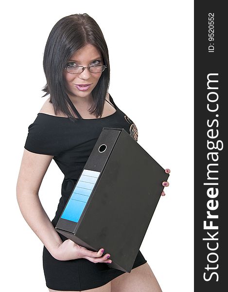 Sexy boss holding a folder and glasses