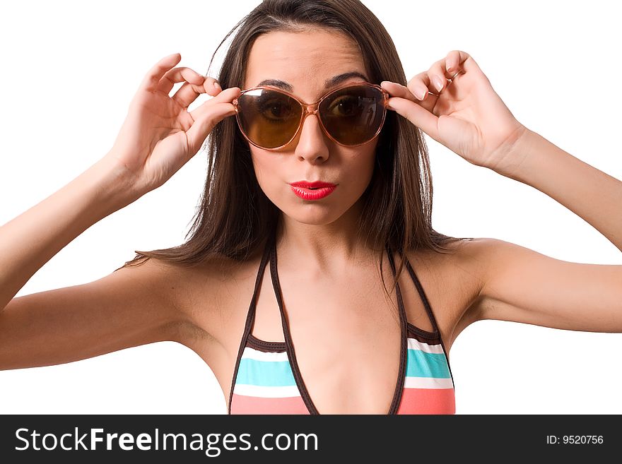 Female in big sunglasses isolated on white with clipping path