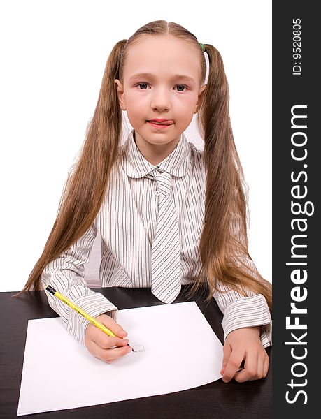 Little girl writing or drawing isolated on white with clipping path