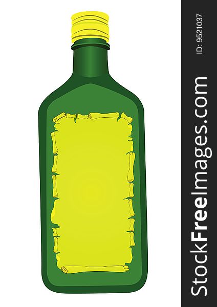 Vector illustration of a green bottle with yellow label isolated on white background